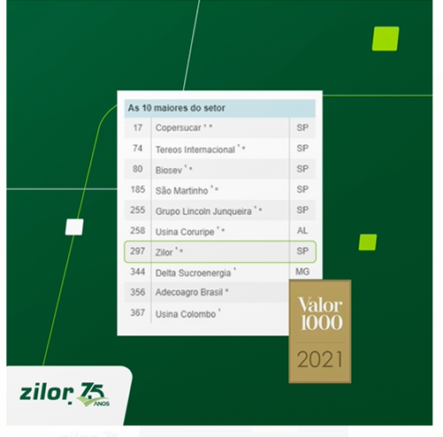 Zilor é destaque entre as TOP 10 do setor de Açúcar e Álcool, no anuário Valor 1000